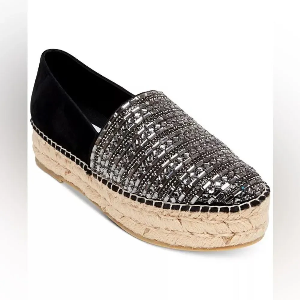 STEVE MADDEN Proud Black Silver Embellished Leather Platform Espadrilles shoe 10